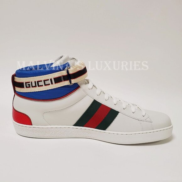 GUCCI SNEAKERS MENS ACE LOGO STRIPE WEB SNAKE BACK HITOP SHOES 6.5G / US 7 - Picture 8 of 13
